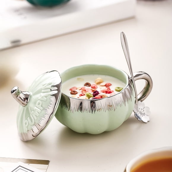 Chmadoxn Kitchen Gadgets, Kitchen Accessories, Ceramic Pumpkin Cup European-style Electroplated Cup Cute Mug High-value Breakfast Cup With Lid And Spoon Cup Halloween Gift 300ML ceramic cup