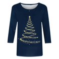 thumbnail image 3 of Hauts de Printemps pour Femmes Col Rond Imprimé de Noël Manches Trois-Quarts T-Shirts Surdimensionnés pour Femmes Bleu Foncé m, 3 of 3