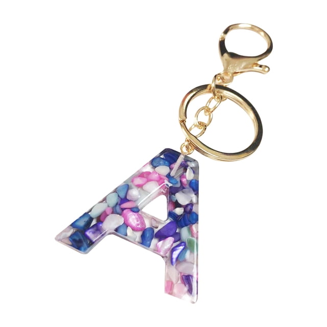 Fridja Mother's Day Custom Creative Keyring Clasp featuring a 26 English letter pendant in the shape of the letter 'A'. The pendant is made of stainless steel and filled with colorful decorative stones in shades of blue, pink, and white. It is attached to a gold-tone keyring and clasp, suitable for gifting or personal use.
