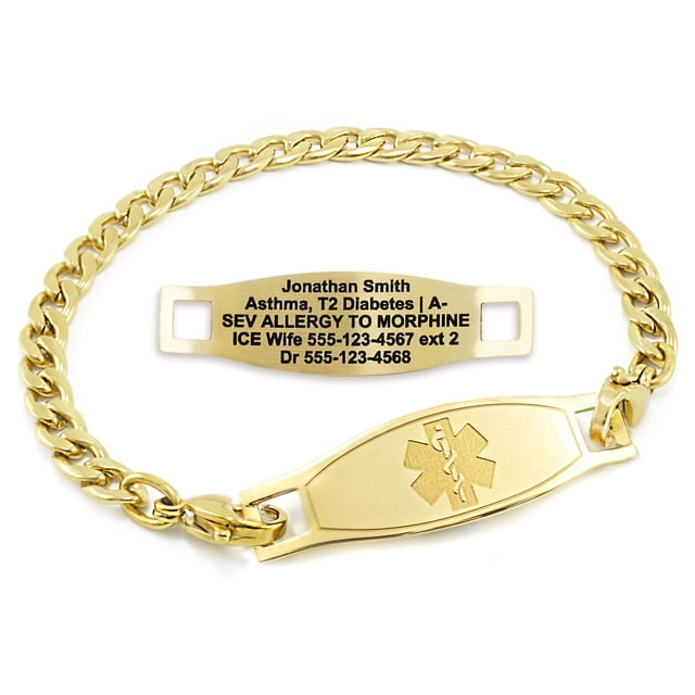 MedicEngraved Yellow Gold Stainless Steel Custom Medical Alert Bracelet - 5mm Curb Link