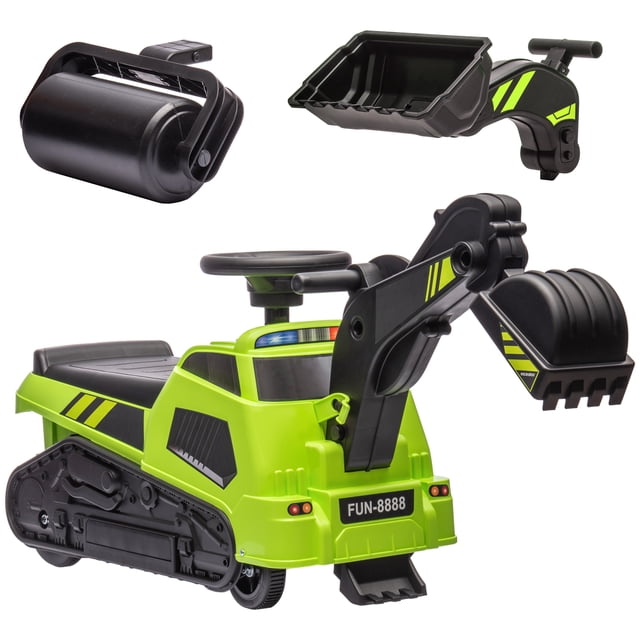 Aosom Excavatrice Bulldozer 3 en 1 à Chevaucher, Rouleau Compresseur avec Musique, Vert