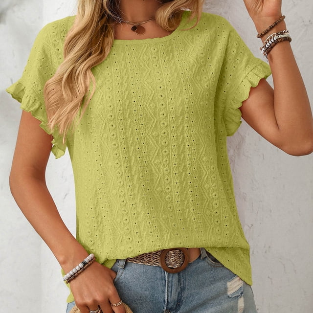 AherBiu T-Shirts pour Femmes Tendance Col Rond Manches Courtes T-Shirts Décontractés d'Été Plissés T-Shirt Uni Hauts