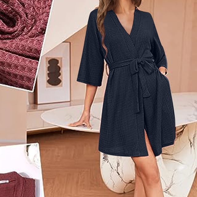 lSLJS Mode Femmes Uni Manches Longues Col en V Ceintures Poches Robe Bandage Chemises de Nuit, Peignoirs pour Femmes