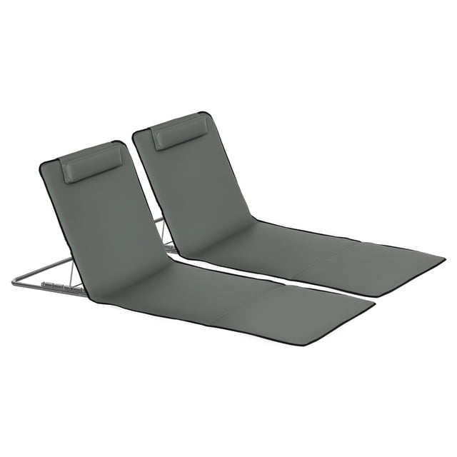 Outsunny Ensemble de 2 Chaises Longues de Plage Tapis de Plage avec Coussin de Dossier Réglable en Gris. Sièges de Plage Portatifs avec Cadres en Acier Enduit de Poudre, Dossiers Réglables à Cinq Angles et Sièges en Tissu oxford 600D pour Résistance à la Lumière et aux Intempéries. Conception Pliable avec Sac de Transport Inclus et Oreillers pour Soutien de la Tête et du Cou, Idéal pour une Détente Extérieure Compacte.