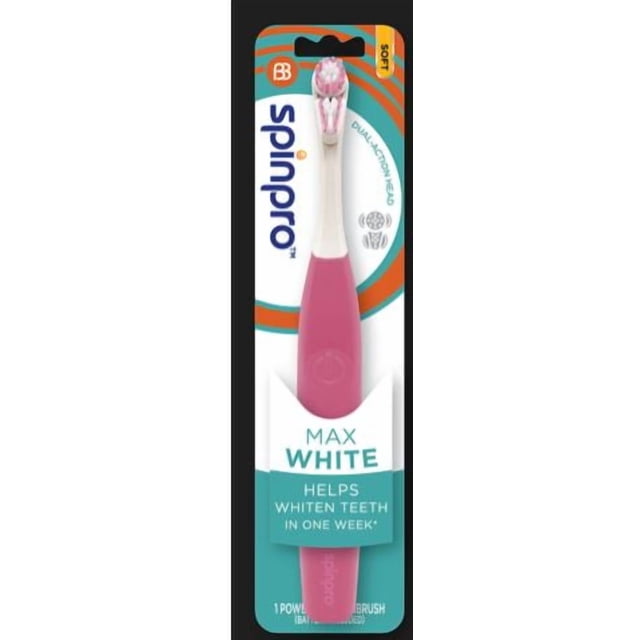 ADULT SPINPRO MAX WHITE- Soft dual-action replacement electric toothbrush head with soft pink and white bristles, designed to help whiten teeth in one week, shown in SpinPro branded packaging.