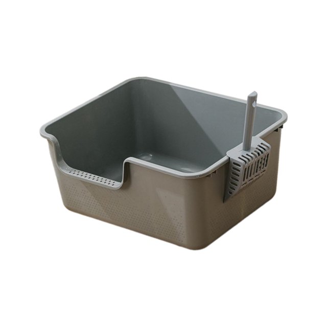 Cat Litter Box Kitty Litter Pan Cat Sandbox Durable Open Top Pet Litter Tray Gray. A semi-enclosed gray litter box made of durable PP material with high sides to prevent litter scattering. Features a detachable litter scoop and smooth inner walls for easy cleaning. Dimensions: 50cmx40cmx22cm (19.69inchx15.75inchx8.66inch). Suitable for indoor cats, dogs, rabbits, and other small pets.