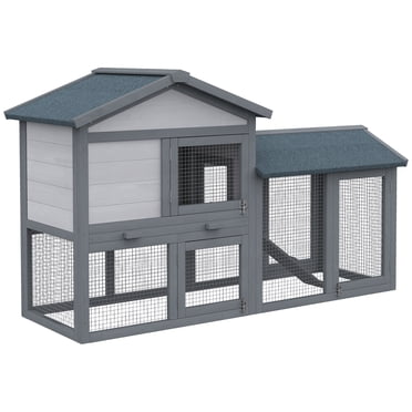 PawHut Wood Rabbit Hutch Bunny Cage with Run Dark Grey