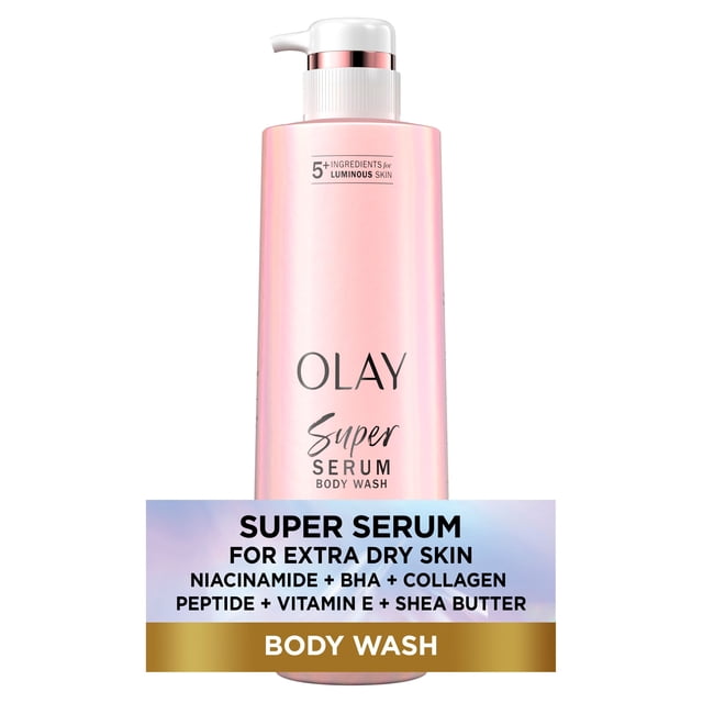 Olay Super Serum Body Wash for Extra Dry Skin in a pink iridescent pump bottle featuring 5+ skincare ingredients including niacinamide, BHA, collagen peptide, vitamin E, and shea butter, formulated to hydrate, firm, smooth, brighten, and even skin tone for luminous skin.