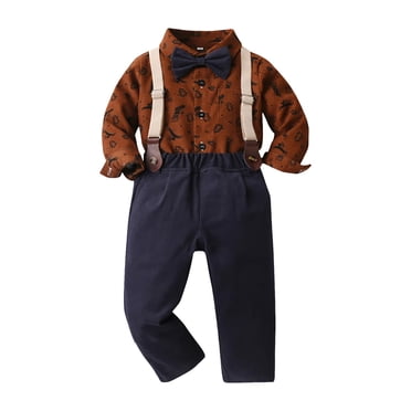 Splozh Christening Baptism Outfits Boys Long Sleeved Shirt and Overalls Suit Comfortable Soft and Fashionable Christmas Print Gentleman Suit for Boys Brown,3-6 Months