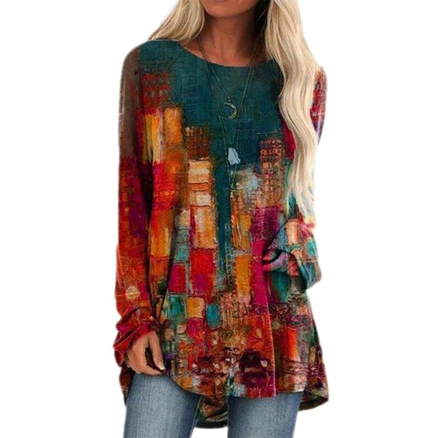 LUXUR Blouse Chemise à Manches Longues pour Femme Col Ras du Cou Tunique Décontractée Hauts Chandail à Blocs de Couleur Teinture sur Nœuds 7 S