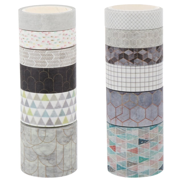 MasteelfCA 12 Rolls Washi Tapes Decorative Stickers Tapes made from washi paper, featuring geometric and patterned designs in grey tones. Ideal for scrapbooking, crafts, stationery decoration, and DIY projects like decorating journals or wrapping gifts. The rolls are stacked vertically, showcasing their unique prints.