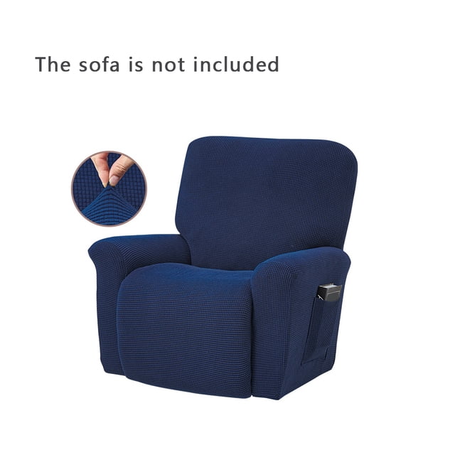 Slipcover de Fauteuil Inclinable Extensible Bleu Marine, Conçu pour une Couverture Complète et un Remplacement pour les Fauteuils Inclinables Lazyboy. Fabriqué à Partir de 85 % de polyester et 15 % d'Élasthanne, Tissu jacquard Épais, Il Présente une surface Texturée pour un Ajustement Serré. The Slipcover Comprend une Housse de Dossier de sofa, une Housse de base et Deux Housses d'Accoudoirs, Offrant une protection contre les Déversements, les Égratignures d'Animaux et le Port Quotidien. des Boucles Élastiques au Bas Assurent Qu'il Reste Bien en place. l'Image Montre la Slipcover
