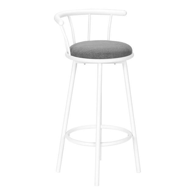 Monarch Specialties Bar Stool, Set Of 2, Swivel, Bar Height, White Metal, Grey Leather Look, Contemporary, Modern. A front-facing bar stool with a white metal frame and circular footrest, featuring a cushioned grey leather-look seat and curved low backrest with vertical supports. The 37-inch tall stool swivels 360 degrees and is ideal for kitchen counters or home bars. It is also suitable for use as extra seating in craft or hobby rooms.