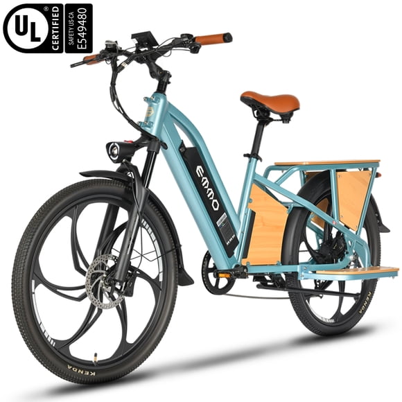 EMMO Ehaul Pro Vélo Électrique Cargo pour Adultes - Longue Autonomie jusqu'à 160 km - Cadre Ouvert - Clignotants - Certifié UL - Bleu Aqua
