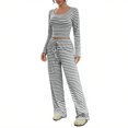 thumbnail image 2 of NJDVHB Économies d'Automne Hiver! Ensemble de Détente pour Femmes, Tenues de Nuit pour Dames, Blouse à Rayures Décontractée Col Rond Manches Longues Mode Short Pyjama, Gris, TG, 2 of 5