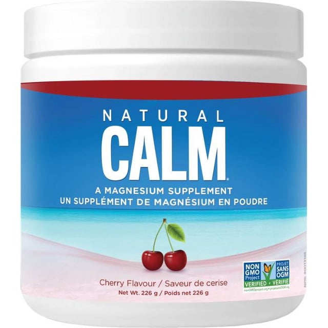 Natural Calm Magnesium Citrate Powder in cherry flavour, 226g container. A magnesium supplement designed for quick absorption, promoting restful sleep and mood regulation. The label highlights its non-GMO certification and bilingual text in English and French. The container features a vibrant design with cherries and a serene background.