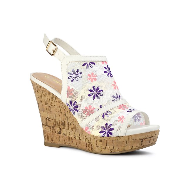 BLISSFUL STEP Chaussures pour Femmes Sandales à Talon Compensé à Plateforme à Bout Ouvert avec Lacets Blanc Violet 9