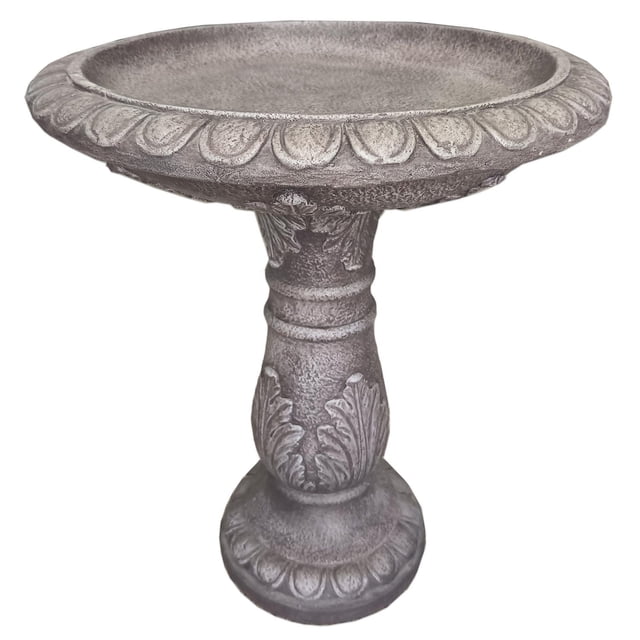 Angelo Décor 24.4-inch Acanthus Birdbath in grey NuCrete stone with a 20-inch diameter basin. This durable outdoor garden accent features decorative acanthus leaf patterns on the pedestal and rim, ideal for patios, decks, and walkways.
