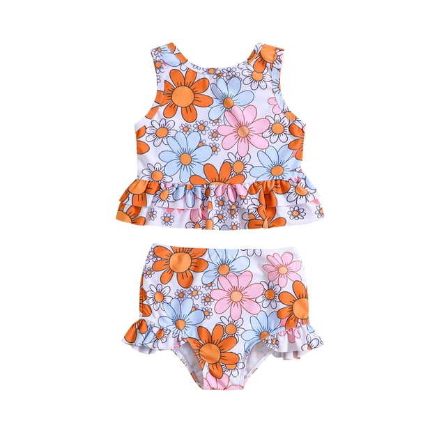 TIEVOSA Summer Girls Cartoon Flower Printed Ruffles Two Piece Swimwear Swimsuit Bikini 3-13 Years Old
