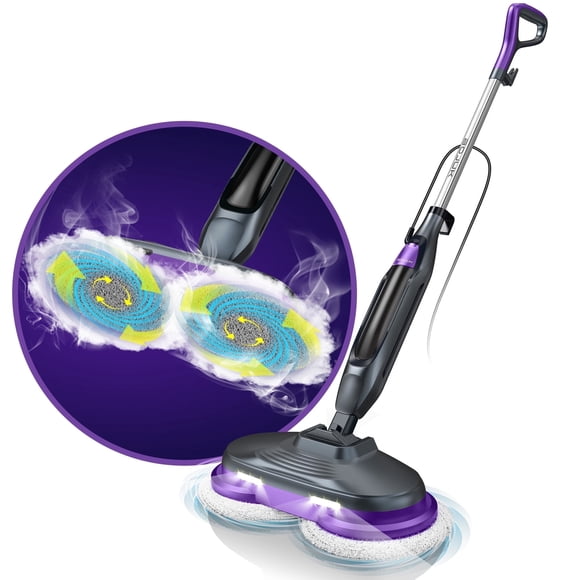 BOJUK Steam & Scrub Mop with Rotating Mop Pads, LED Headlights, Adjustable Spin Control for Cleaning All Hard Floor