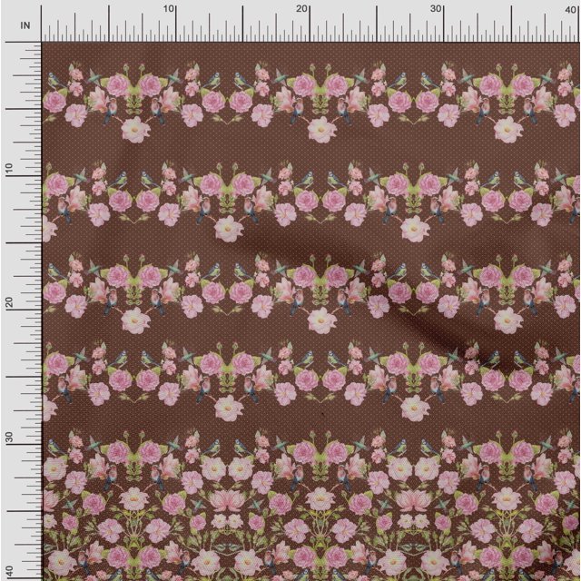Soimoi Brown Rayon Crepe Fabric Flowerpecker & Floral Panel Fabric Prints by Yard 46 Inch Wide