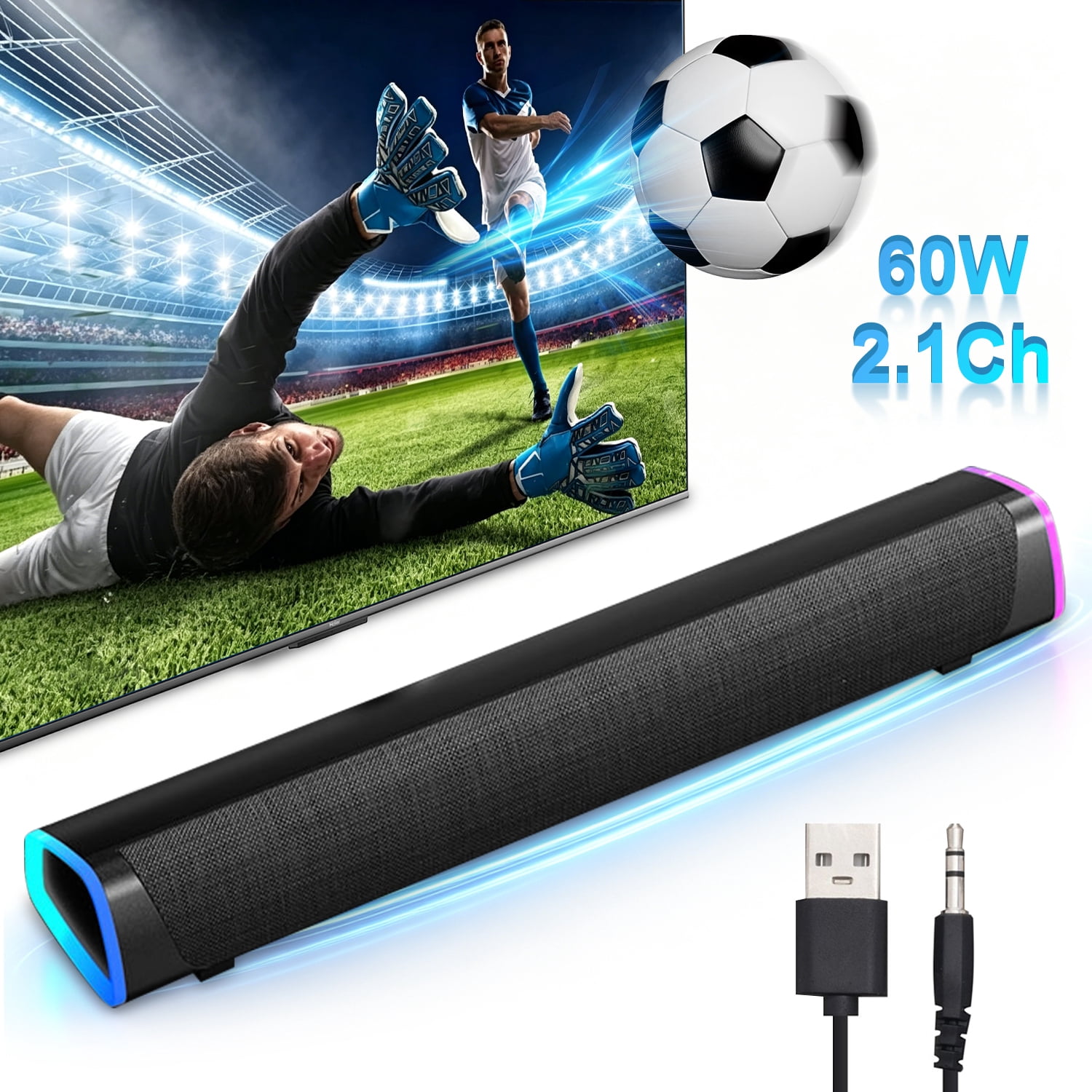 Salange Small Sound Bar for TV Computer, Compact Soundbar with Built-in Subwoofer, Bluetooth 5.4, HDMI/AUX/USB,16.3inch(Black)