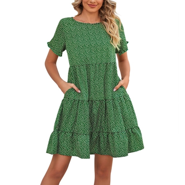 Kcodviy Robe Bohème Évasée Carrée Robe d'Été Femme Col Manches Courtes Décontractée Robes d'Été pour Femmes Robe à Volants pour l'Été Robes Business Décontractées pour Femmes Été Légère Mi-Longue à Étages pour Femm