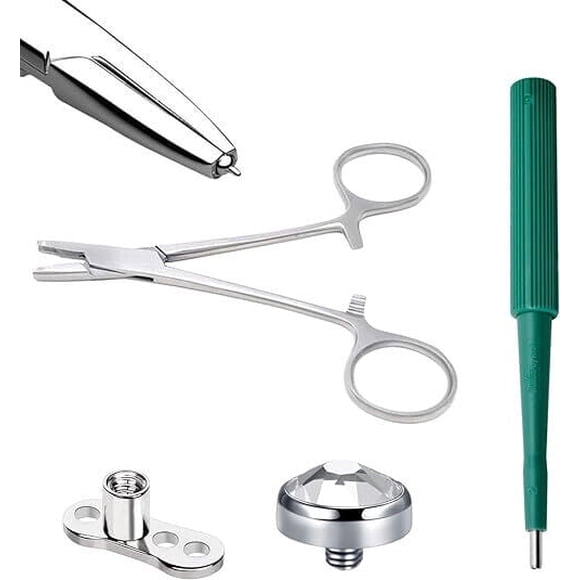 Luxe Modz Dermal Piercing Kits for All Piercings 14G Dermal Tops 4mm CZ Dermal Base 2mm Raise MicroDermal Anchor Tube Insertion Hemostat Forceps 6" Dermal Punch 2mm Surface Skin Piercing Jewelry