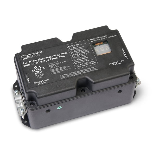 Progressive Industries Surge Protector EMS-LCHW50 Hardwired Installation; 50 Amps; With Fault Indicator; With Plug Head Handle Grip; With Amperage Meter/Voltage Meter/Frequency Meter