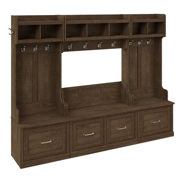 Bowery Hill Engineered Wood Full Entryway Storage Set with Coat Rack in Brown