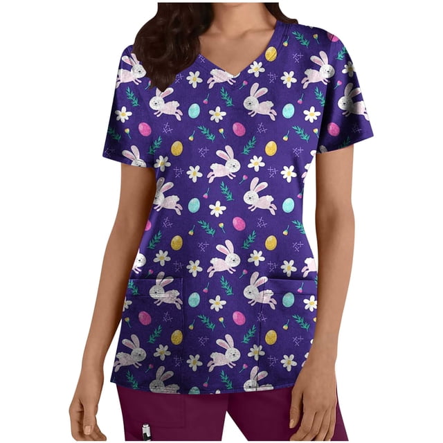 LSLJS Blouse d'Infirmière de Pâques pour Femmes, Imprimé Œuf et Lapin, Uniforme de Travail à Manches Courtes, Col en V, avec Poches