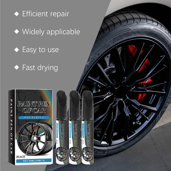 Car Wheel Rim Touch-Up Paint Pen 3 Pack Black Scratch Repair Kit, Precision Tip for Alloy or Steel Wheels, Fast-Drying 30 mL