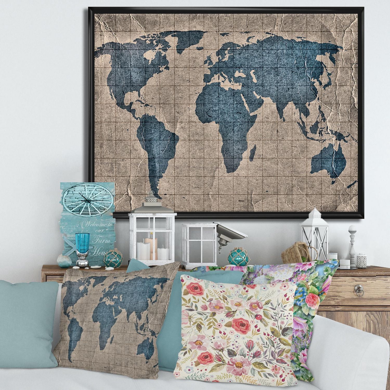 Designart Ancient Map of The World I FLOAT FRAME WALL ART