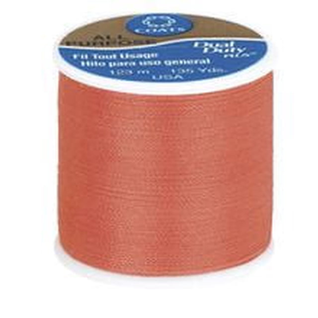 Coats & Clark All Purpose Polyester Thread spool in muted orange, with 100% polyester covered polyester thread tightly wound on a 123 metre spool, suitable for hand and machine sewing of knits and woven fabrics and often used for general crafting projects.