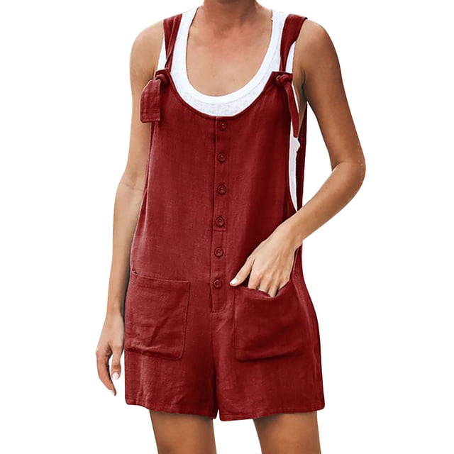 TopLLC Women's Summer Casual Rompers Sleeveless Loose Spaghetti Strap Short Jumpsuits Overalls Solid Button Bodysuit Playsuit With Pockets