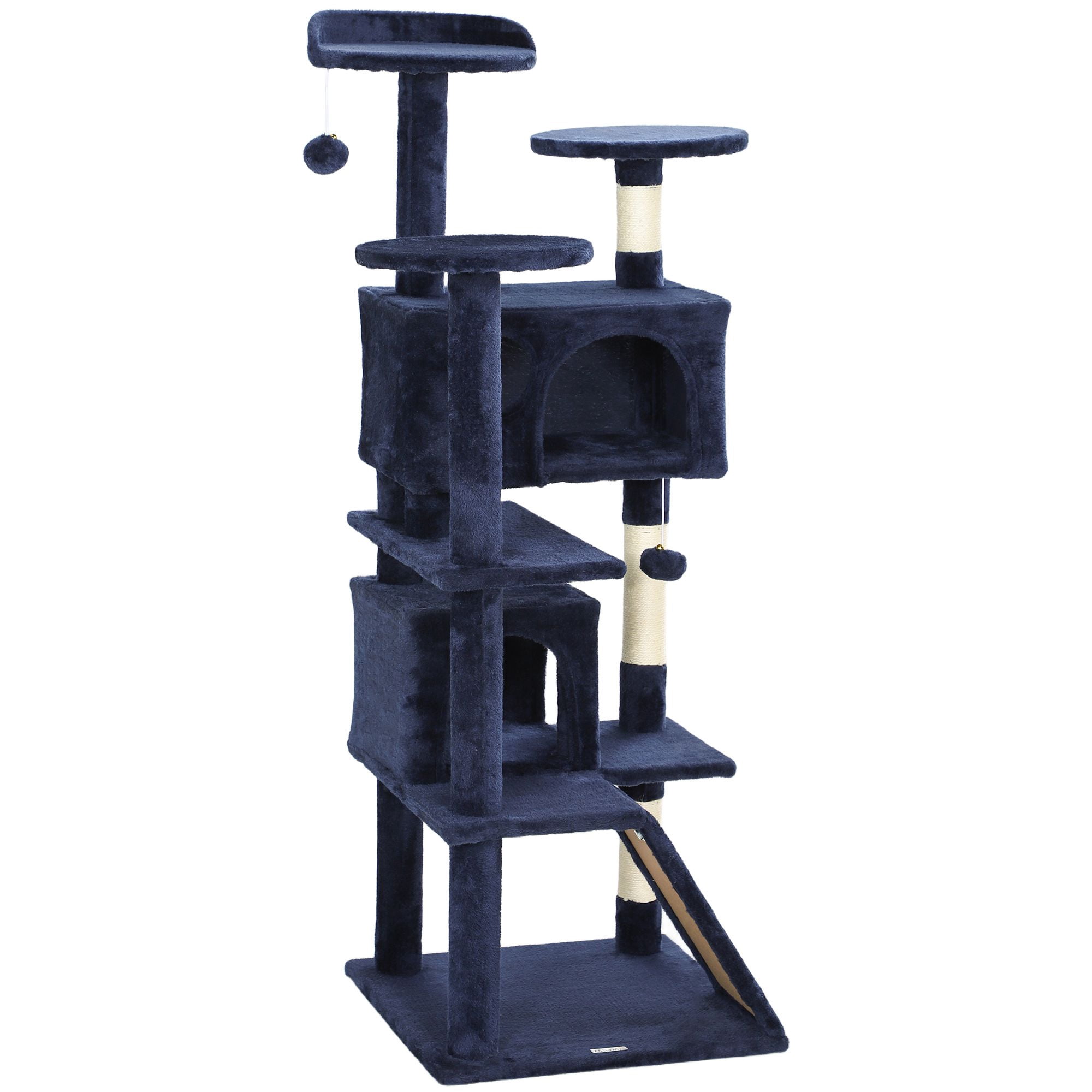 54" Multi-Level Cat Tree with Scratching Posts & Condo - Dark Blue Activity Tower for Living Room & Bedroom - Plush Cat Furniture with Ramp & Toy