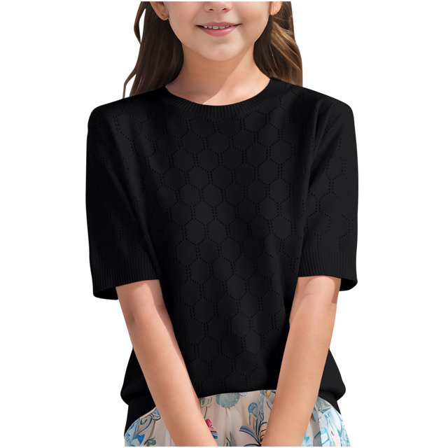 T-Shirts pour Filles Coupe Ample Col Rond Basique Blouses d'Été pour Enfants 6-14 Ans