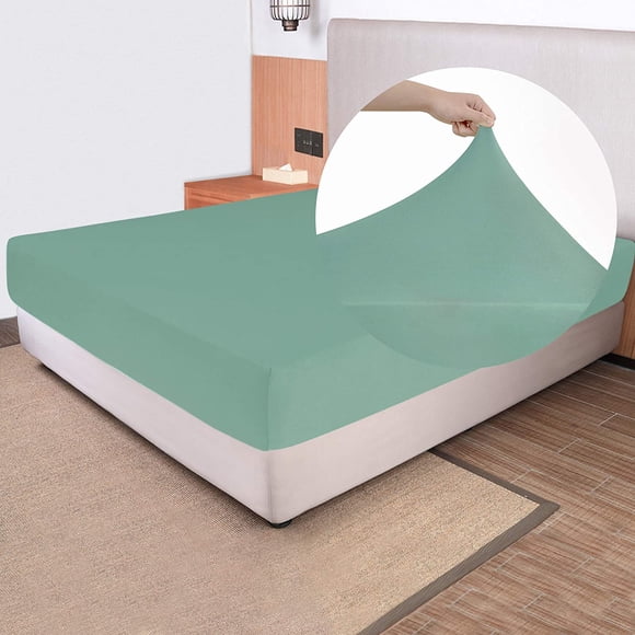 Soft Stretch Queen Fitted Sheet Only - Jersey Knit & Cozy T-Shirt Like, 4-Way Stretchy Snug Fit & Wrinkle Free, No More Slipping Mattress Sheets - Light Green, Queen,180x200cm