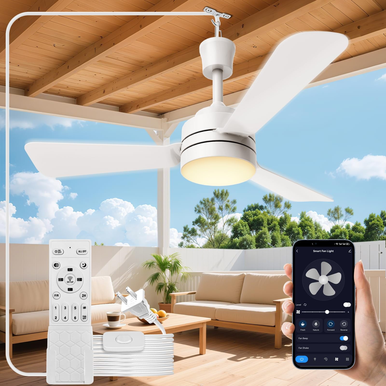28" LED Hook Ceiling Fan With Light – Plug-in Portable Fan, 35W, 3000-6500K, Remote & App Control For Camping, Patios, Bedroom