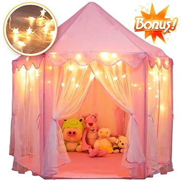 Orian Princess Castle Playhouse Tent for Girls with LED Star Lights - Indoor and Outdoor Large Kids Play Tent for Imaginative & Pretend Games - ASTM Certified, Cool Toys for Girls 55 x 53 inch (Pink)