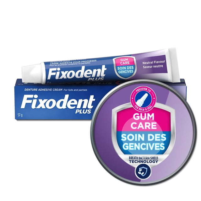 Fixodent Plus Soins des Gencives Adhésif Sécuritaire pour Dentiers tube de 57 g avec Embout de Précision pour Maintien et Scellement, Doté de la Technologie de Protection contre les Bactéries de l'Haleine et d'Un Goût Neutre, dans un Emballage en carton recyclable Bleu et Violet, Conçu pour Prévenir les Douleurs aux Gencives et l'Infiltration de Particules Alimentaires pour Dentiers Complets et Partiels.