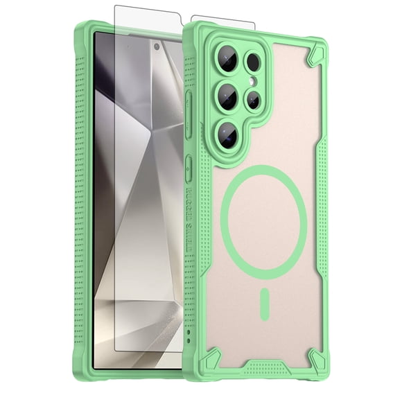 Asuwish Compatible with Samsung Galaxy S24 Ultra 5G Phone Case Tempered Glass Screen Protector Slim Magnetic Translucent Matte Back Shockproof Hybrid Protective Cover for S24Ultra Women Men Green