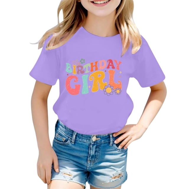 LUOGENLI T-Shirt pour Filles Filles Mode Décontractée Lettre Col Rond T-Shirt à Manches Courtes Haut 5 Chemises pour Filles Tendance de Grandes Marques Violet 3-4 Ans