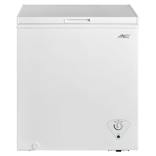 Arctic King 7.0 Cu. ft. 21.7" Chest Freezer in white with a top-opening lid and recessed handle, mechanical thermostat dial on the front lower right, power indicator light, and Arctic King logo on the upper right, suitable for compact frozen food storage in garages or basements.
