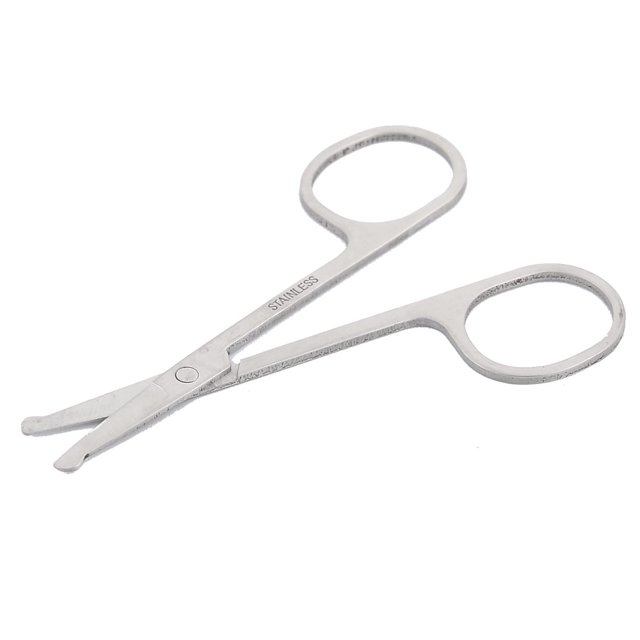Unique Bargains Stainless Steel Round Tip Facial Mustache Nose Hair Scissor Cutter Trimmer, a personal grooming tool with rounded tips for safety, designed for precise trimming of nose hair and mustache. Made of durable stainless steel, lightweight and portable, measuring 88 x 42mm (3.5 x 1.7 inches).