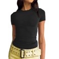 thumbnail image 2 of AherBiu Plus Size Crop Tops for Women Basic Stretchy Short Sleeve Crew Neck Slim Fitting Going out Solid Color T Shirts Tops, 2 of 7