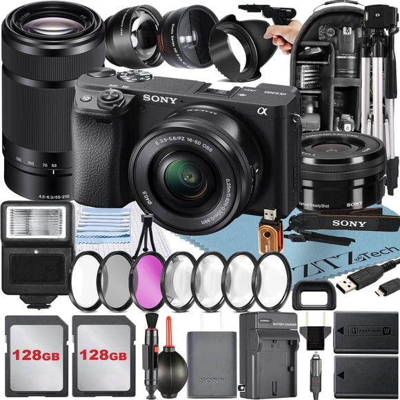 Sony Alpha a6400 Mirrorless Digital Camera with E PZ 16-50mm + E 55-210mm OSS Lens + 2 Pack 128GB Card + Backpack + ZeeTech Accessory Bundle