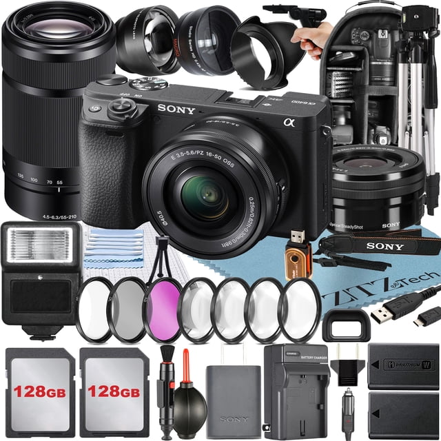 Sony Alpha a6400 Mirrorless Digital Camera with E PZ 16-50mm + E 55-210mm OSS Lens + 2 Pack 128GB Card + Backpack + ZeeTech Accessory Bundle