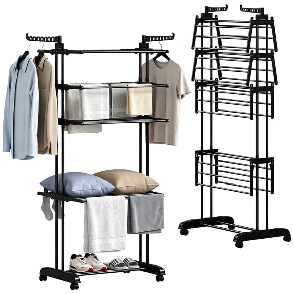 HOMCOM 5-Tier Clothes Drying Rack, Foldable Laundry Rack with Wheels, Black