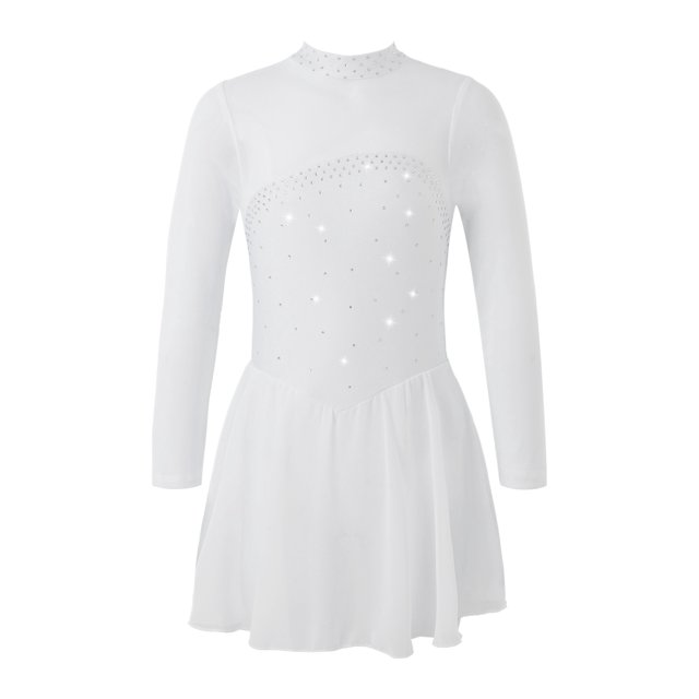 Sxiwei Kids Girls Long Sleeve Mesh Splice Figure Skating Dress with Rhinestone Keyhole Back Gymnastic White 12